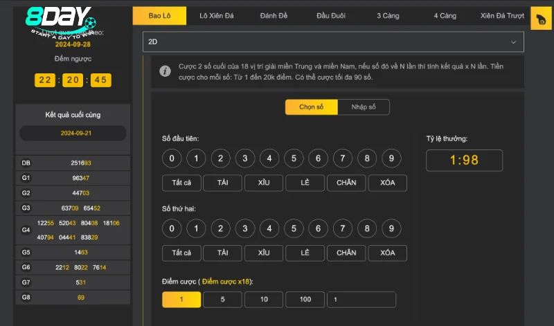 Giao diện cược lô đề 8Day trực tuyến